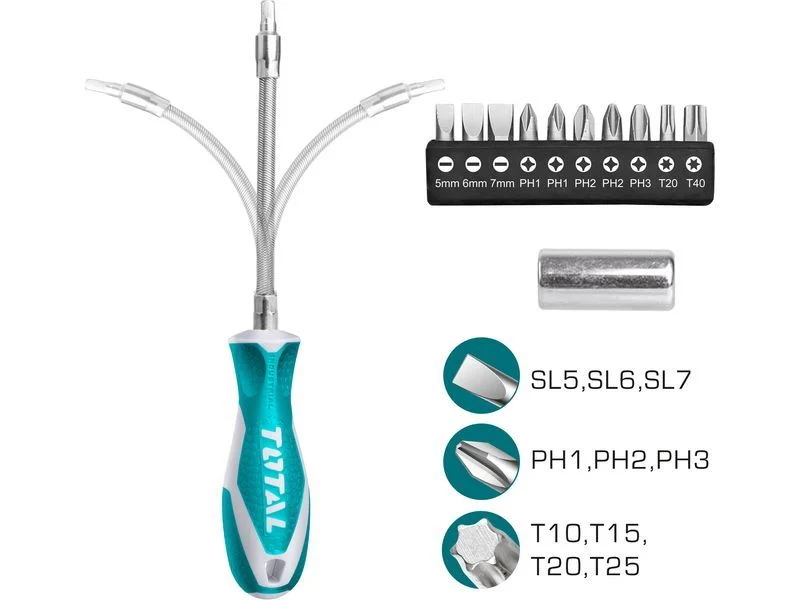 Schraubendreher mit flexiblem Schaft und Spitzen, 12er-Set, CrV